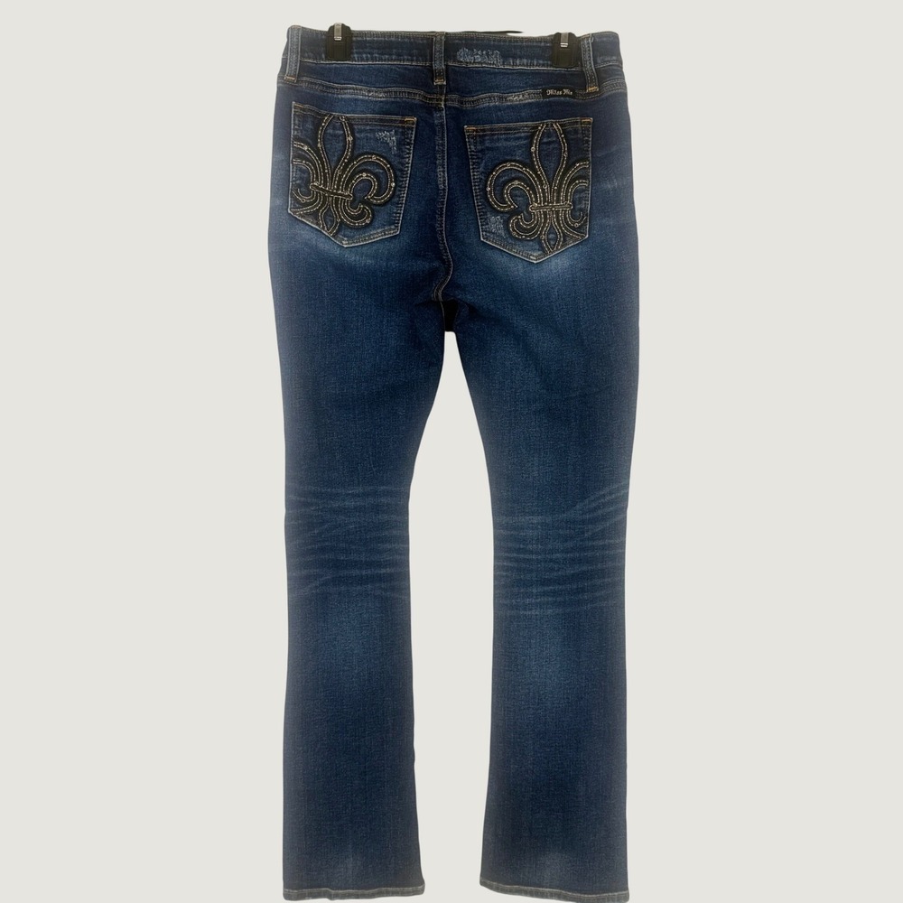 Miss Me Slim Bootcut Jeans Womens 31 Blue Fleur de Lis Distressed M3032SB